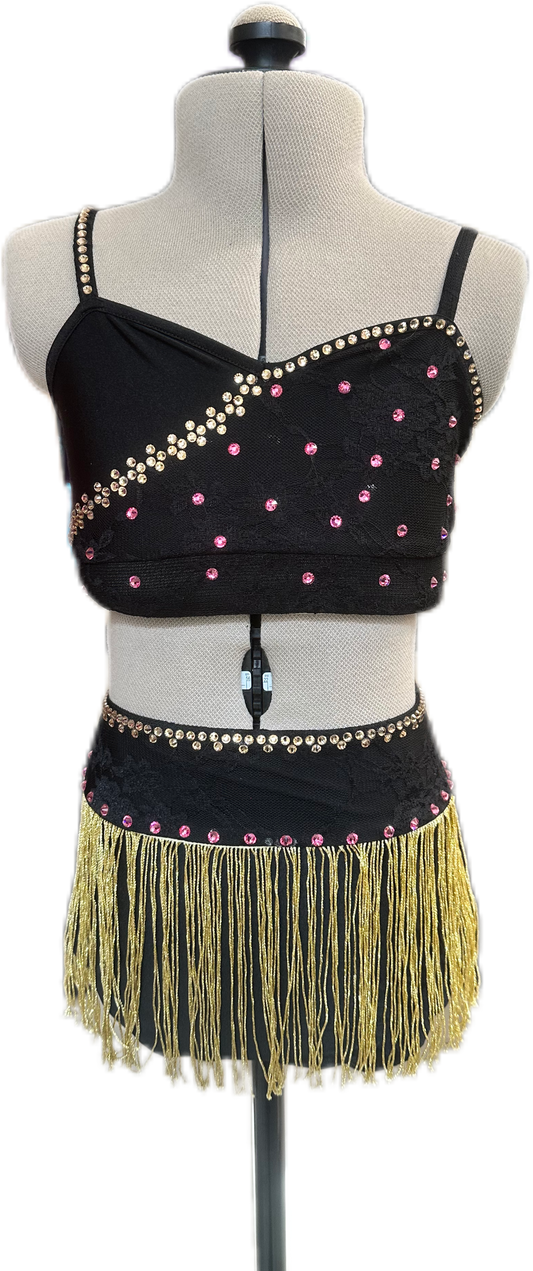 Black & Gold Crop Top & Brief with Fringe Skirt