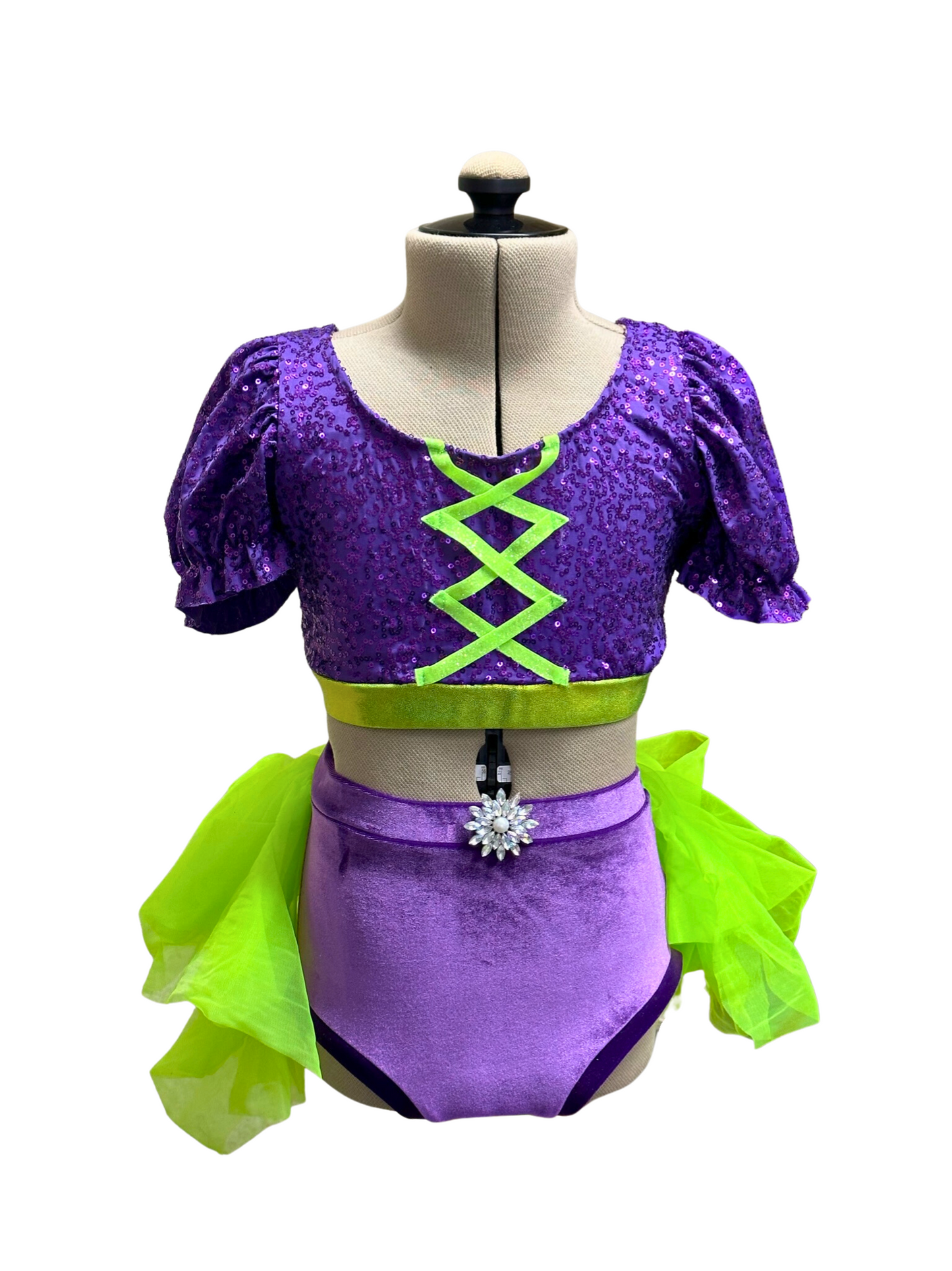 Purple/Lime Crop Top & Brief w/Bustle Set