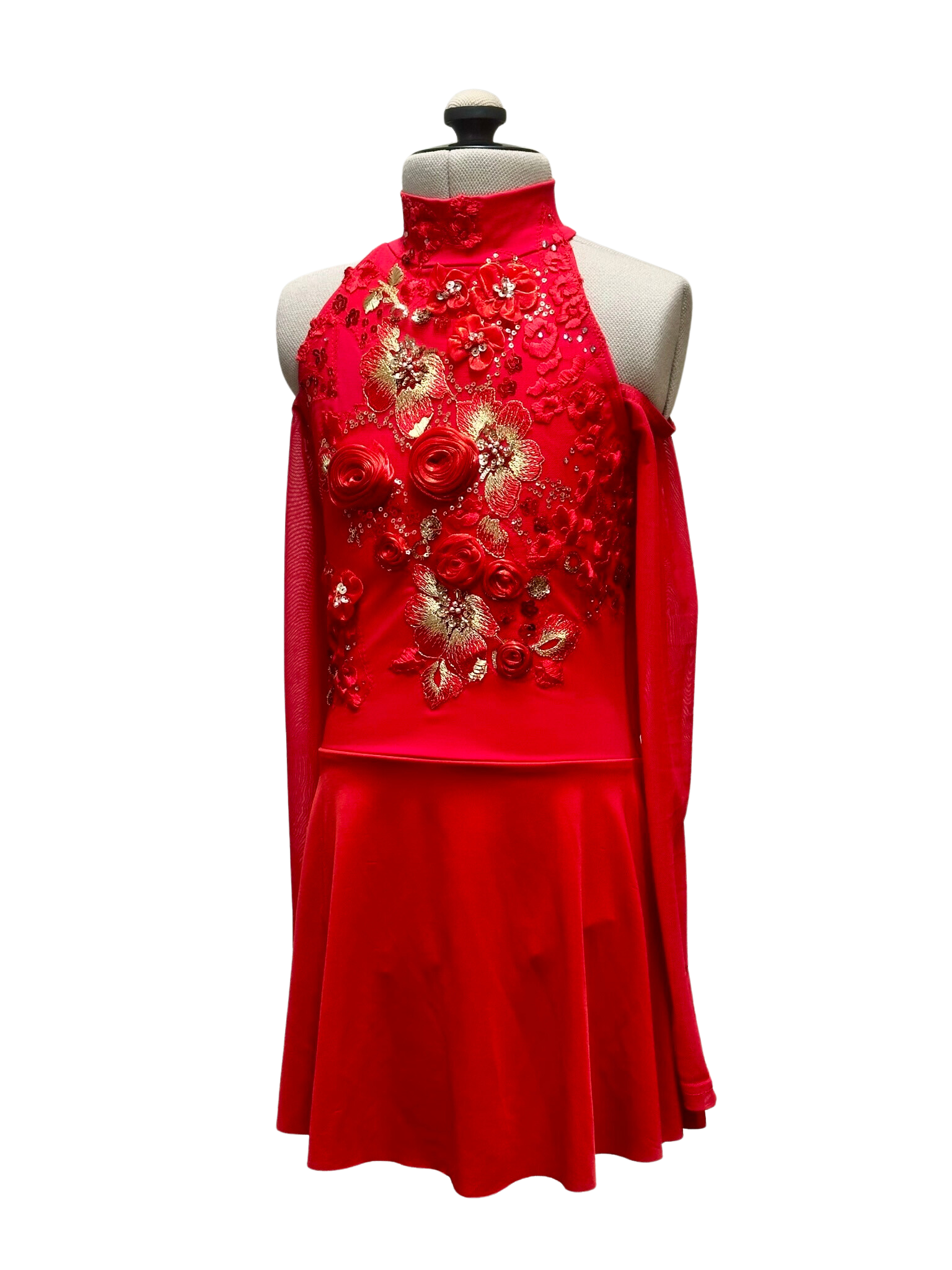 Red Cold Shoulder Dance Costume With Floral Applique And Mesh Details red-cold-shoulder-dance-costume-with-floral-applique-and-mesh-details