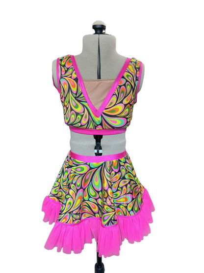 Let's Get Groovy - 2-Piece Groovy Print  V-Neck Crop Top & Tutu Skirt