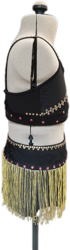 Black & Gold Crop Top & Brief with Fringe Skirt