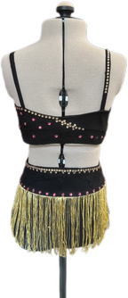 Black & Gold Crop Top & Brief with Fringe Skirt