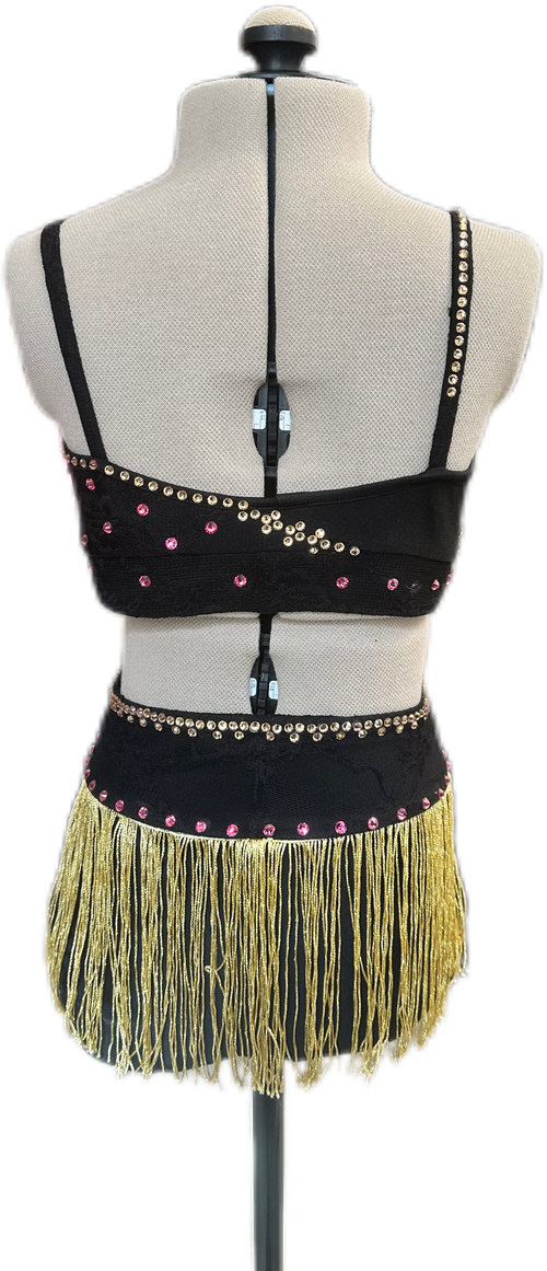 Black & Gold Crop Top & Brief with Fringe Skirt