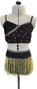 Black & Gold Crop Top & Brief with Fringe Skirt