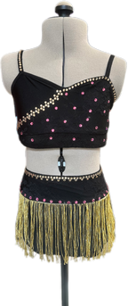 Black & Gold Crop Top & Brief with Fringe Skirt