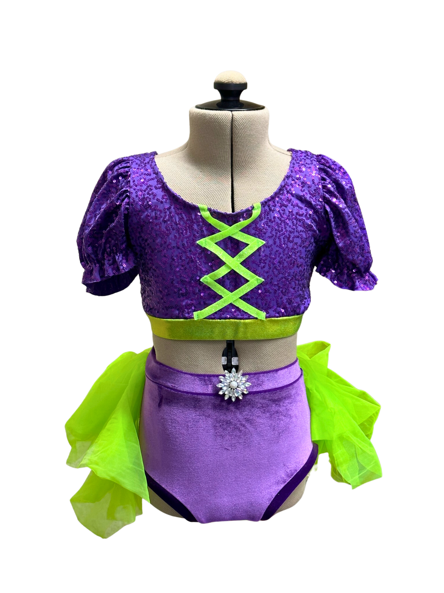 Purple/Lime Crop Top & Brief w/Bustle Set