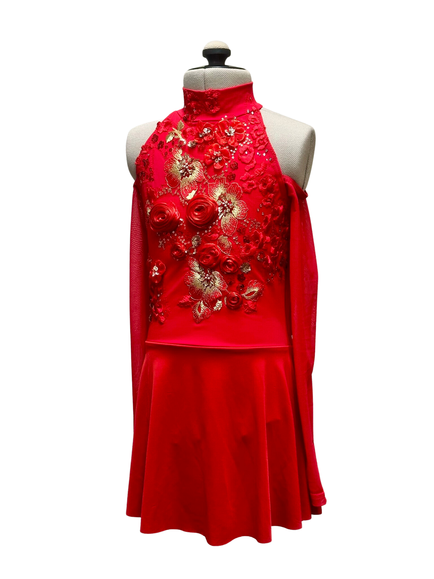 Red Cold Shoulder Dance Costume with Floral Applique and Mesh Details
