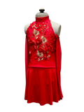 Red Cold Shoulder Dance Costume with Floral Applique and Mesh Details