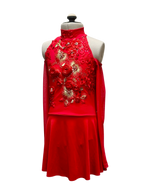 Red Cold Shoulder Dance Costume with Floral Applique and Mesh Details